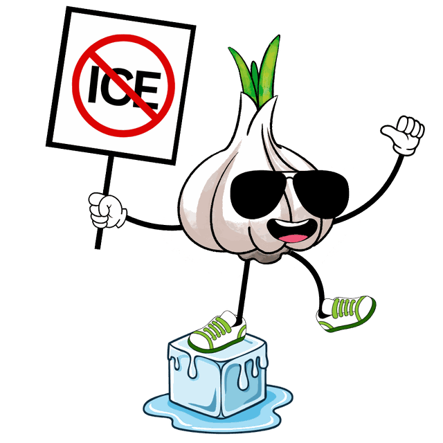 Mascot holding an anti-ICE protest sign